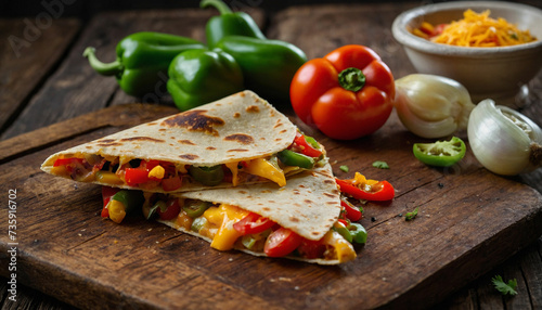 A colorful vegetable quesadilla resting on a rustic wooden board, showcasing the vibrant mix of peppers, onions, tomatoes, and melted cheese oozing out from the edges