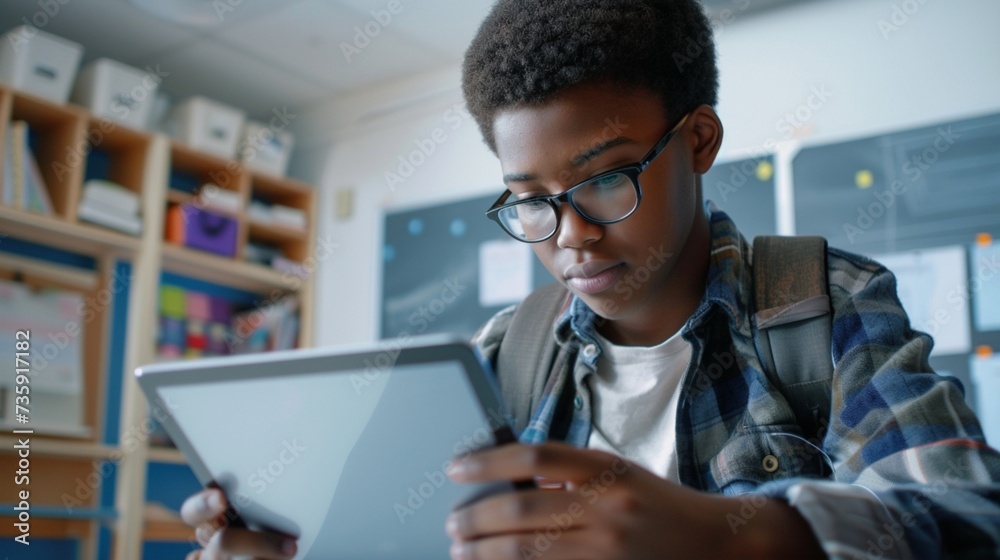 Showcase the integration of AI in educational tools with a photo of a student using an AI-powered learning app on a tablet, emphasizing the personalized and adaptive Showcase the integration of AI in educational tools with a photo of a student using an AI-powered learning app on a tablet, emphasizing the personalized and adaptive