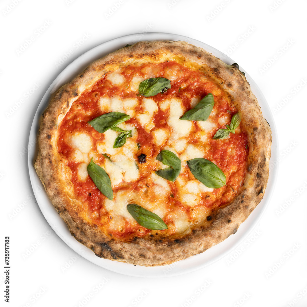 Authentic Italian Pizza Margherita, Top View, Isolated on White Background - Tomato sauce, Mozzarella, Oil and Basil Leaves