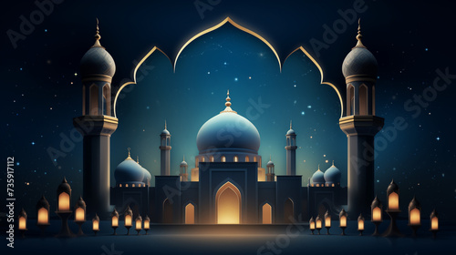 Muslim mosque banner. Islamic mosque on dark background. Ramadan mosque on with candle