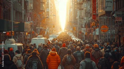 A group of anonymous people walk down a busy street in New York City photo