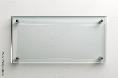 A frontal view of an empty glass plate mounted on a white wall. photo