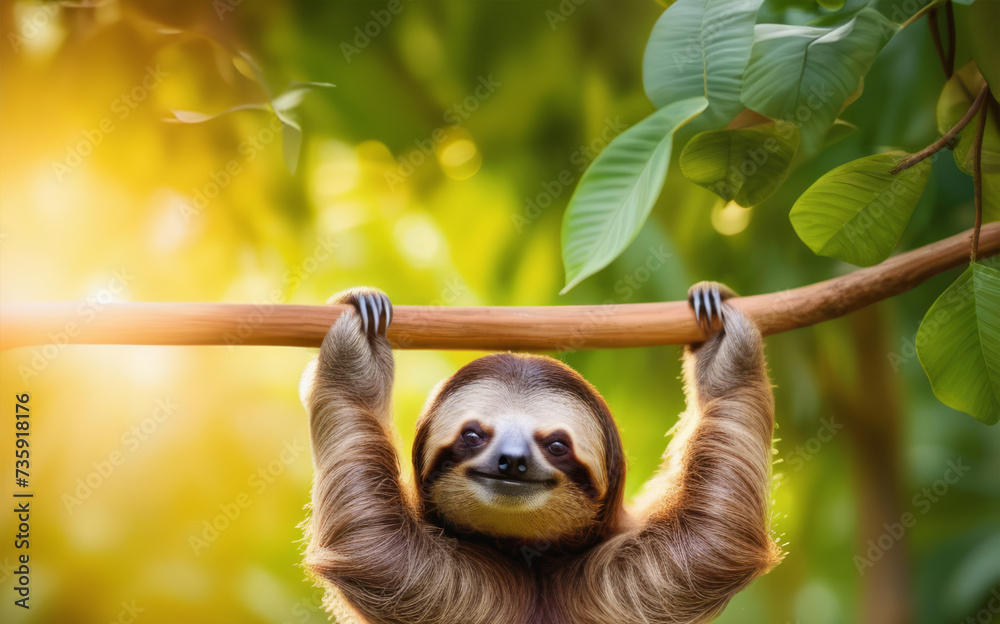 Fototapeta premium Happy sloth hanging from a tree.