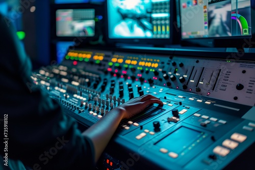 control room view with person operating a video mixer console