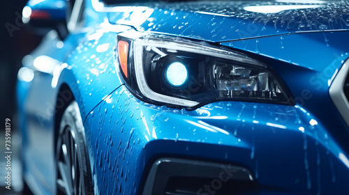Closeup headlamp of blue car are washing with water.