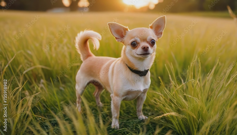 Chihuahua, dog at dawn, purebred dog in nature, happy dog, beautiful dog