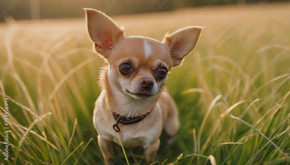 Chihuahua, dog at dawn, purebred dog in nature, happy dog, beautiful dog