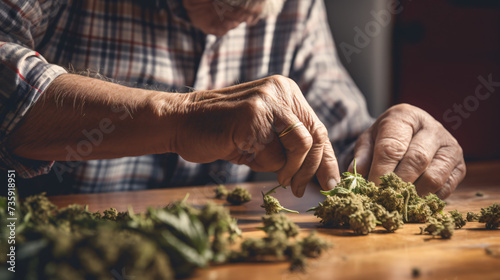 Close-up of retired senior man rolling weed on tab.