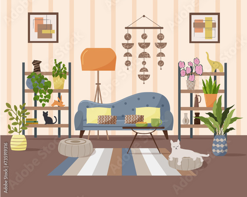 Living room interior with sofa and shelving. Plants in pots, personal accessories, figurines and vases. Coffee table with cup and cookies. Orange floor lamp and decorations on the wall. Vector flat