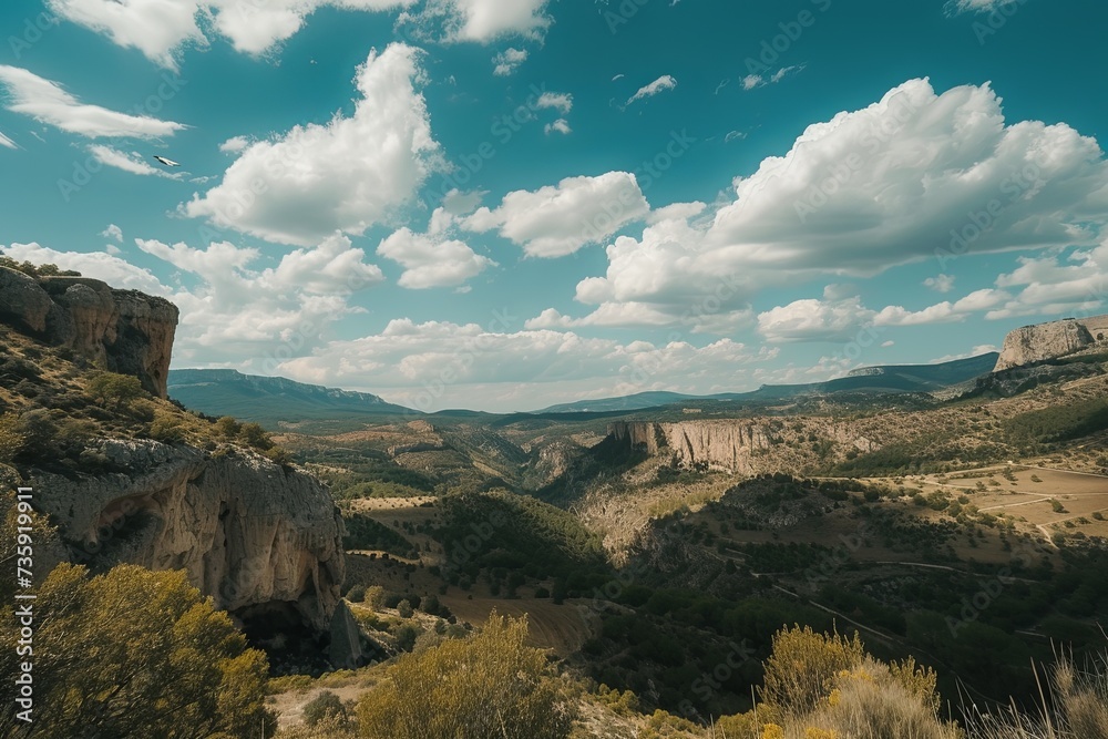 Image of cliffs overlooking a green valley. Distant hills under a partly cloudy sky. Focus on cliffs and valley. Landscape shot