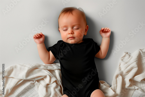 Sleeping baby in black short sleeved bodysuit in bedroom, mockup. Blank baby clothes template.