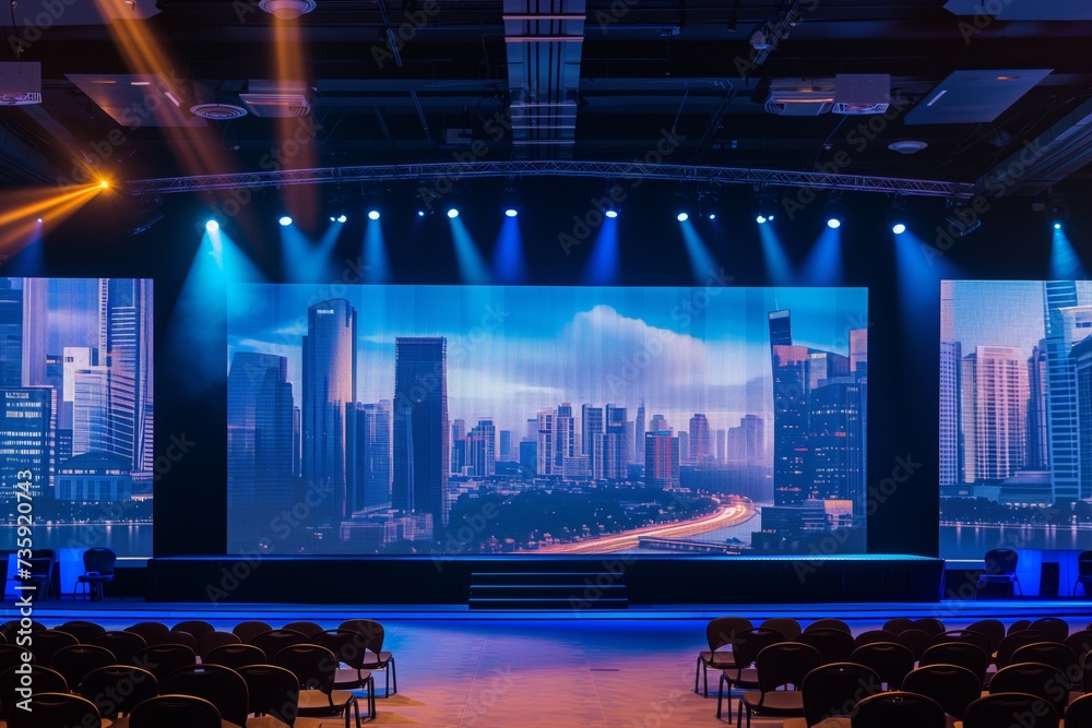 no attendees, a presentation stage with a cityscape