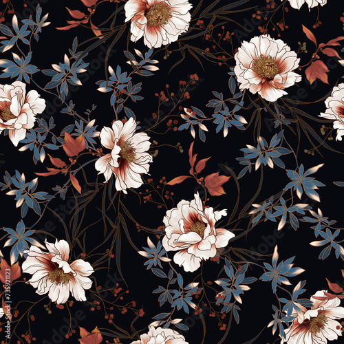 
floral seamless pattern with white peonies on a black background