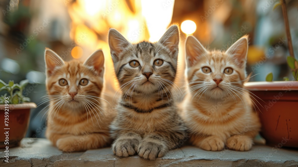 Three cute street cats in various color lounging or sitting in a lane. Generative AI.