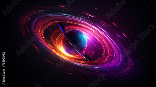 Colorful bright 3D planet with glowing neon rings.