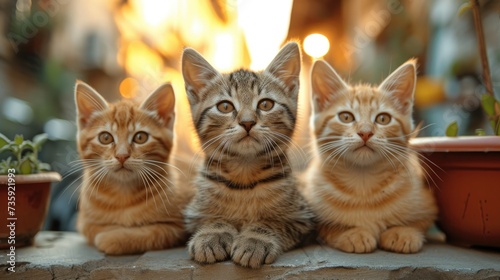 Three cute street cats in various color lounging or sitting in a lane. Generative AI. © visoot