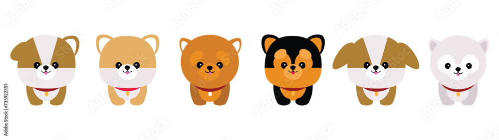 Cute dogs doodle vector set. Cartoon cutie dog or puppy characters design collection with flat color in different poses. Set of funny pet animals isolated on white background. Brown,black,white,gray Cute dogs doodle vector set. Cartoon cutie dog or puppy characters design collection with flat color in different poses. Set of funny pet animals isolated on white background. Brown,black,white,gray