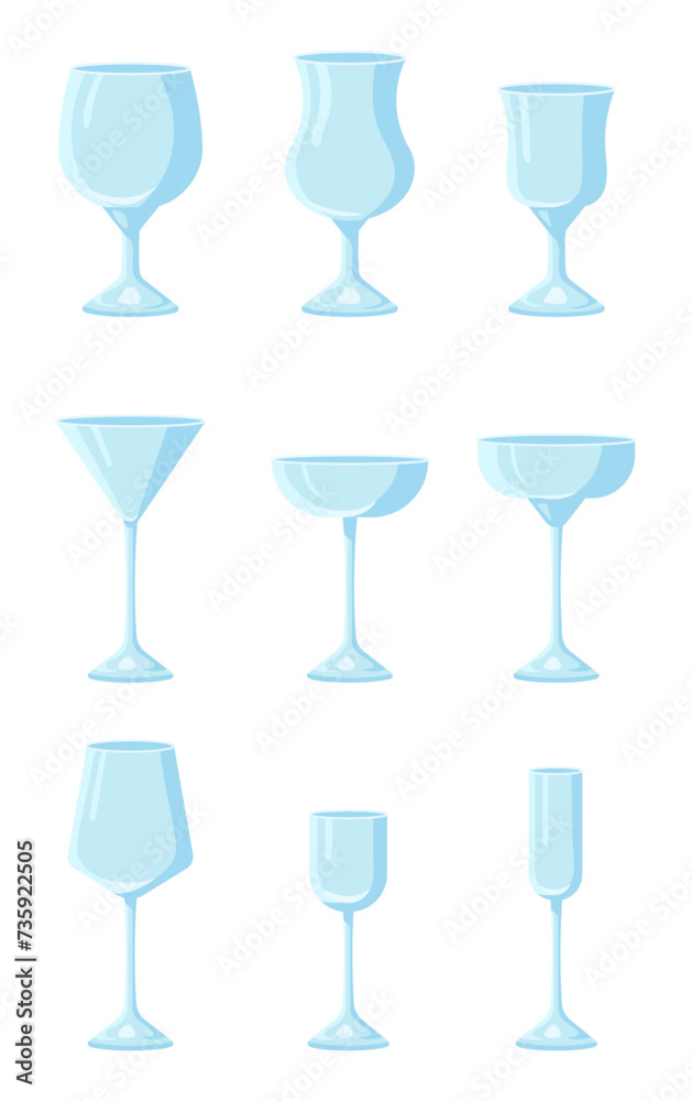 Set of various blue glasses for alcohol and non alcohol drinks in flat style on white background for icons, posters, patterns, webs, apps, wrapping Set of various blue glasses for alcohol and non alcohol drinks in flat style on white background for icons, posters, patterns, webs, apps, wrapping