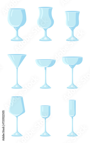 Set of various blue glasses for alcohol and non alcohol drinks in flat style on white background for icons, posters, patterns, webs, apps, wrapping	