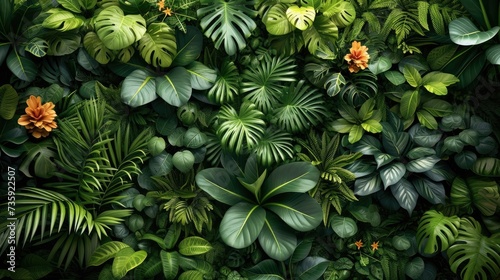 A lush, vibrant wall of assorted green leaf tropical plants, some adorned with tiny delicate flowers. Generative AI.
