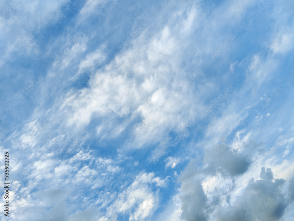 Beautiful and unusual cloudy sky, sunset. A lot of atmospheric clouds in the blue sky. Natural background, texture, abstract pattern. Full frame.