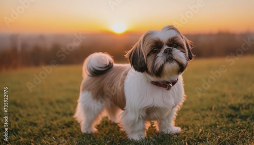 Shih tzu, dog at dawn, purebred dog in nature, happy dog, beautiful dog photo