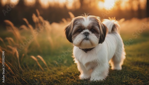 Shih tzu, dog at dawn, purebred dog in nature, happy dog, beautiful dog photo