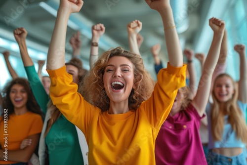 Diverse businesswoman team employees celebrating good news with their fists up in the air. Business win, corporate success	