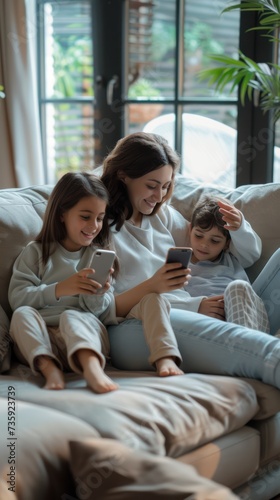 Joyful Latin mom and early teens use smartphone for smart home app on comfy couch.
