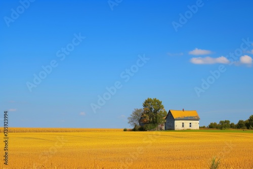 single farmhouse with surrounding cornfields, blue sky