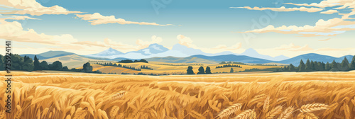 Sunny day rural countryside landscape with wheat fields, panorama vector illustration, agriculture scene photo