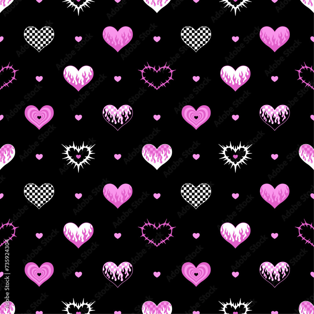 Y2k seamless pattern with hearts. Dark vector background. Black and pink. Fabric, textile print. Y2k seamless pattern with hearts. Dark vector background. Black and pink. Fabric, textile print.