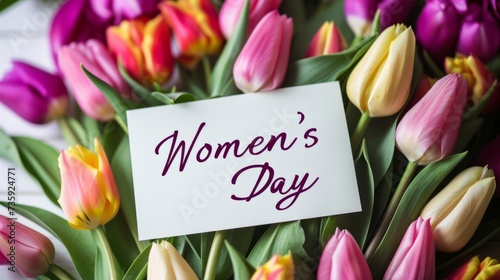 A white card that says Women's Day in beautiful capital letters on a background of tulips