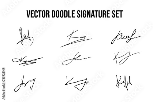 Handwritten fake signature set. Collection of vector fictitious autograph doodles on K letter. Business documentation lettering. photo
