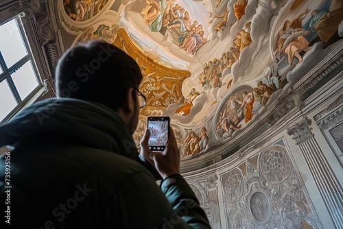 visitor photographs frescoed ceiling from rotunda photo