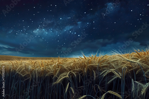 The Nighttime Landscape of Barley Fields. Capturing the Earth Sleeping Quietly Under the Starry Sky, Creating a Mysterious Atmosphere.