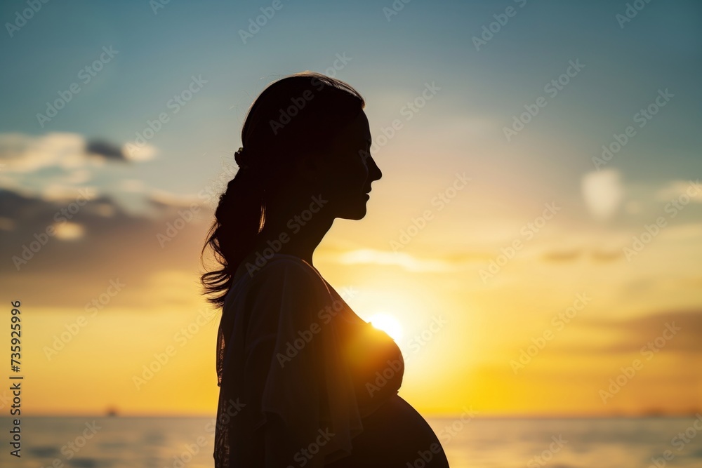 profile shot of a pregnant woman silhouetted against a sunset