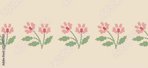 Beautiful Embroidery pink floral, leaves and branches, Pattern the neckline, decorate hem, skirt, adorning sleeves pink flower embroidery. beautiful border floral embroidery. Ethnic pattern