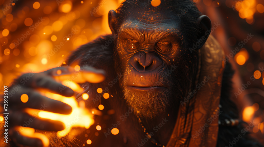 Enigmatic Chimpanzee Sorcerer Conjuring Fire Magic, Radiating Mystical Energy and Ancient Wisdom, a Compelling Digital Art Piece Blending Wildlife and Sorcery Enigmatic Chimpanzee Sorcerer Conjuring Fire Magic, Radiating Mystical Energy and Ancient Wisdom, a Compelling Digital Art Piece Blending Wildlife and Sorcery