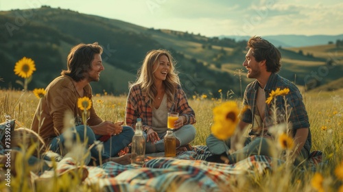 Fototapeta Naklejka Na Ścianę i Meble -  groupe d'amis partageant un pique-nique en pleine nature en été