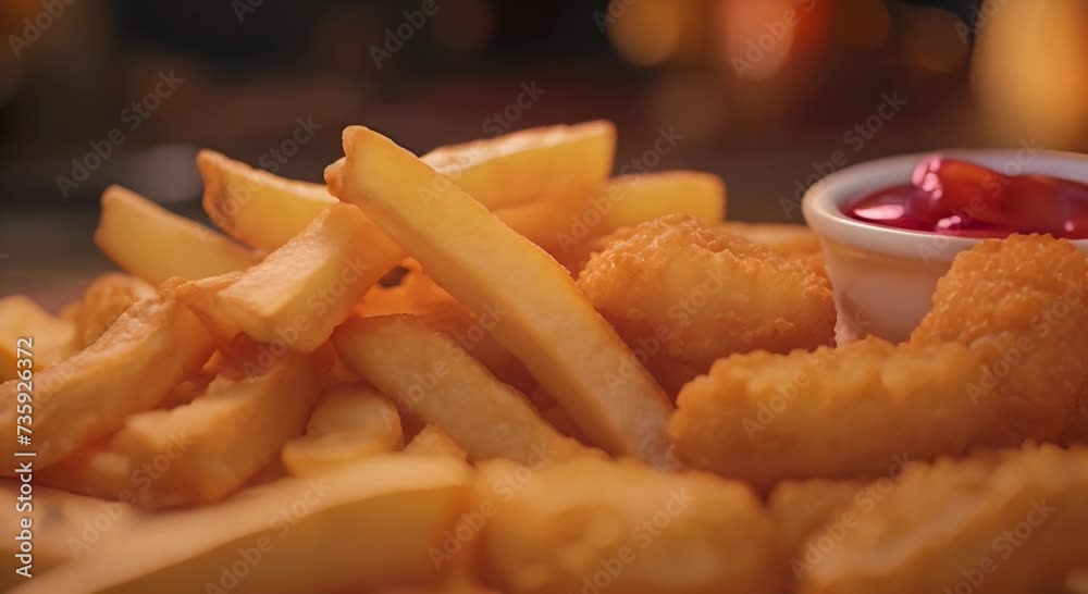 extreme Close-up of French fries and nuggets and deeps junk food, photorealistic, masterpiece, camera Sony a7RV--s 800