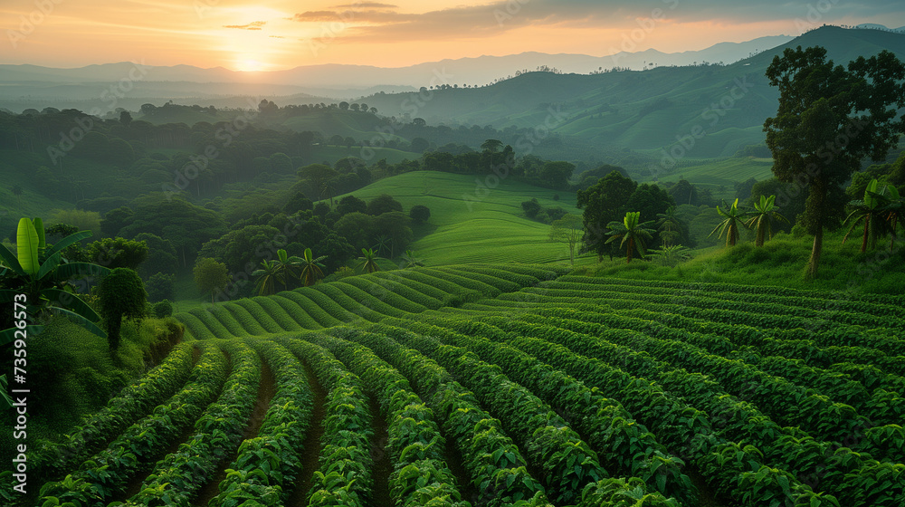 Sunrise Over Verdant Landscape: Rolling Hills of Tea Plantation, Tropical Banana Trees, Pristine Nature, Agricultural Beauty, Tranquil Morning in Lush Countryside, Scenic Farming
