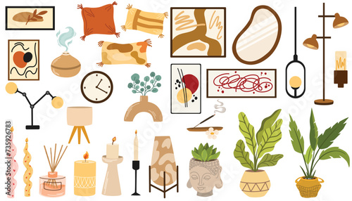 Home decor set for Scandinavian interior design. Living Room Decor Items. House plants, candles, vases, paintings, pillows, lamps for cozy trendy room decoration.