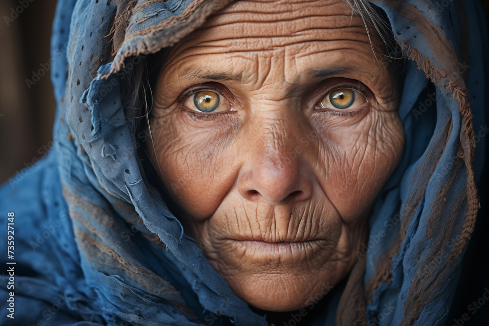 portrait very old sad poor woman