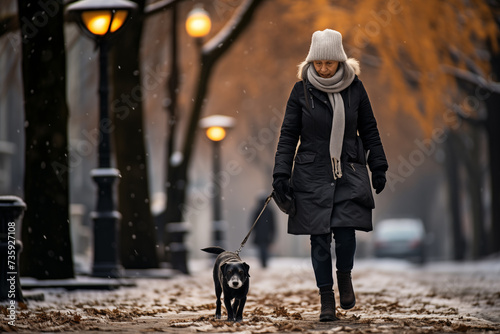 senior woman wearing warm coat walking her dog on snowy autumn afternoon in city park