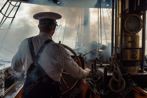 captain steering a ship with smoke rising at stern
