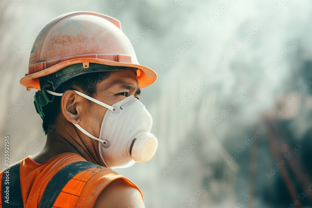 construction worker with dust mask at a smoky site construction worker with dust mask at a smoky site