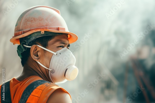 construction worker with dust mask at a smoky site