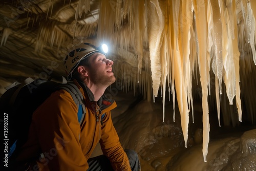 photographer with headlamp shocked by cave formations