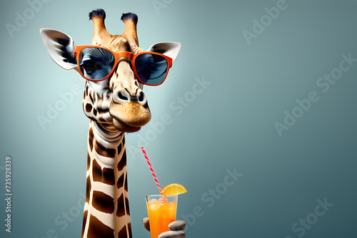 Portrait of giraffe in sunglasses with cocktail